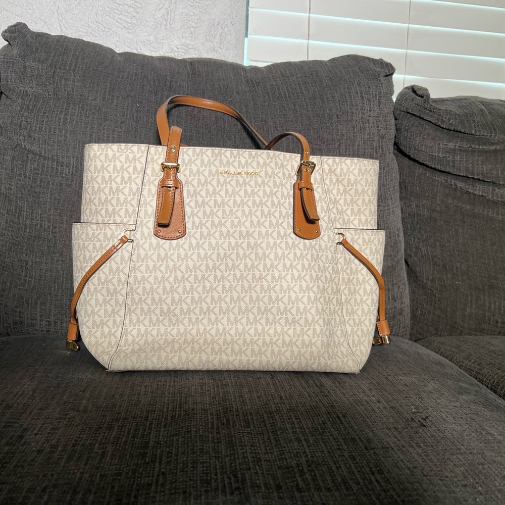 Michael Kors Cream and Tan Tote Bag with Signature Monogram